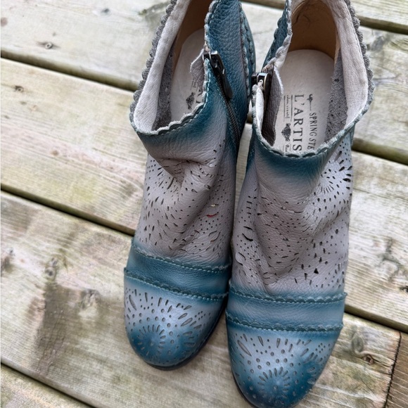 Spring Step L'Artiste Ankle Boots Size 40 Gray/Teal Leather Zip Perforated - Picture 2 of 12
